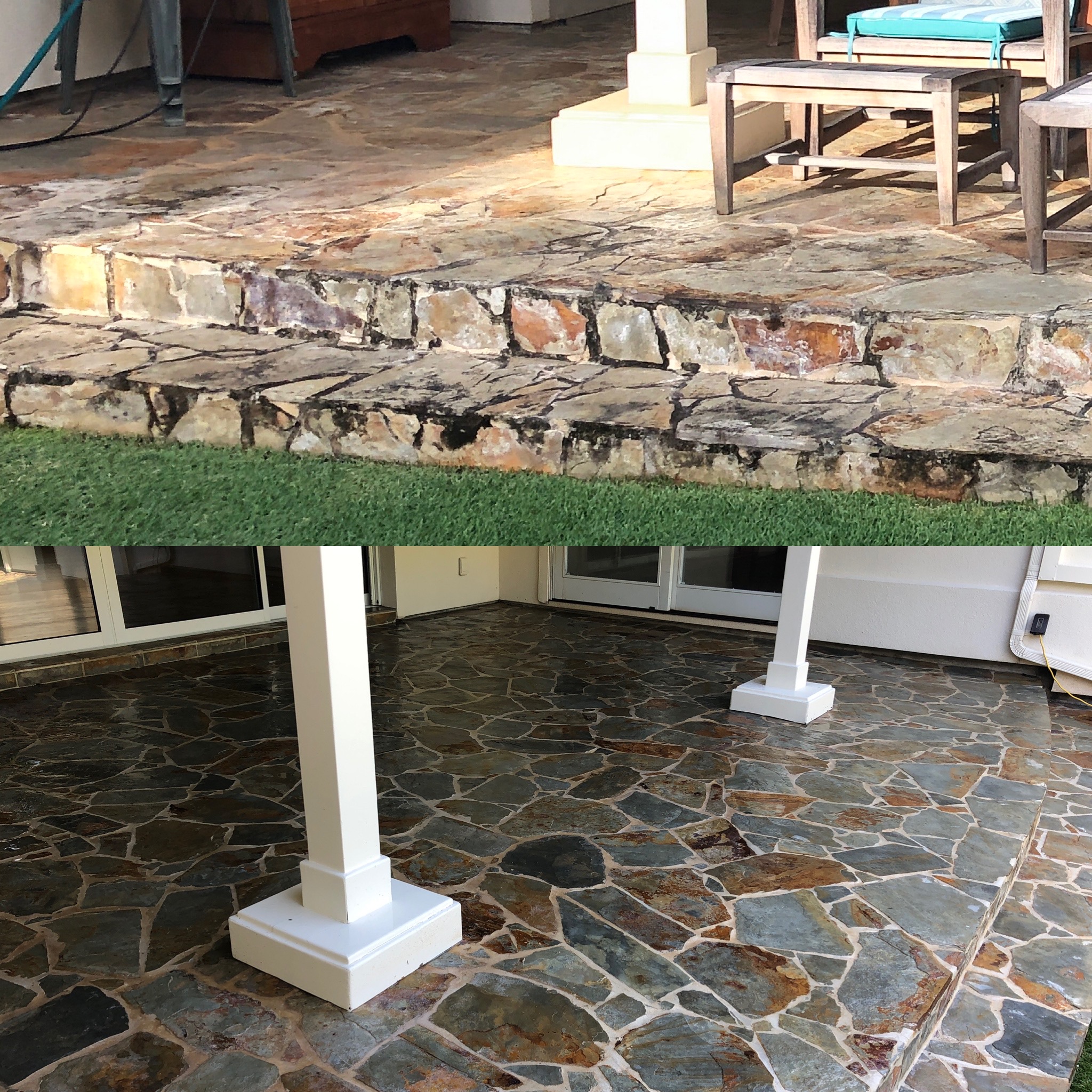 Moss-eaten flagstone steps before restoration, restored quartzite below