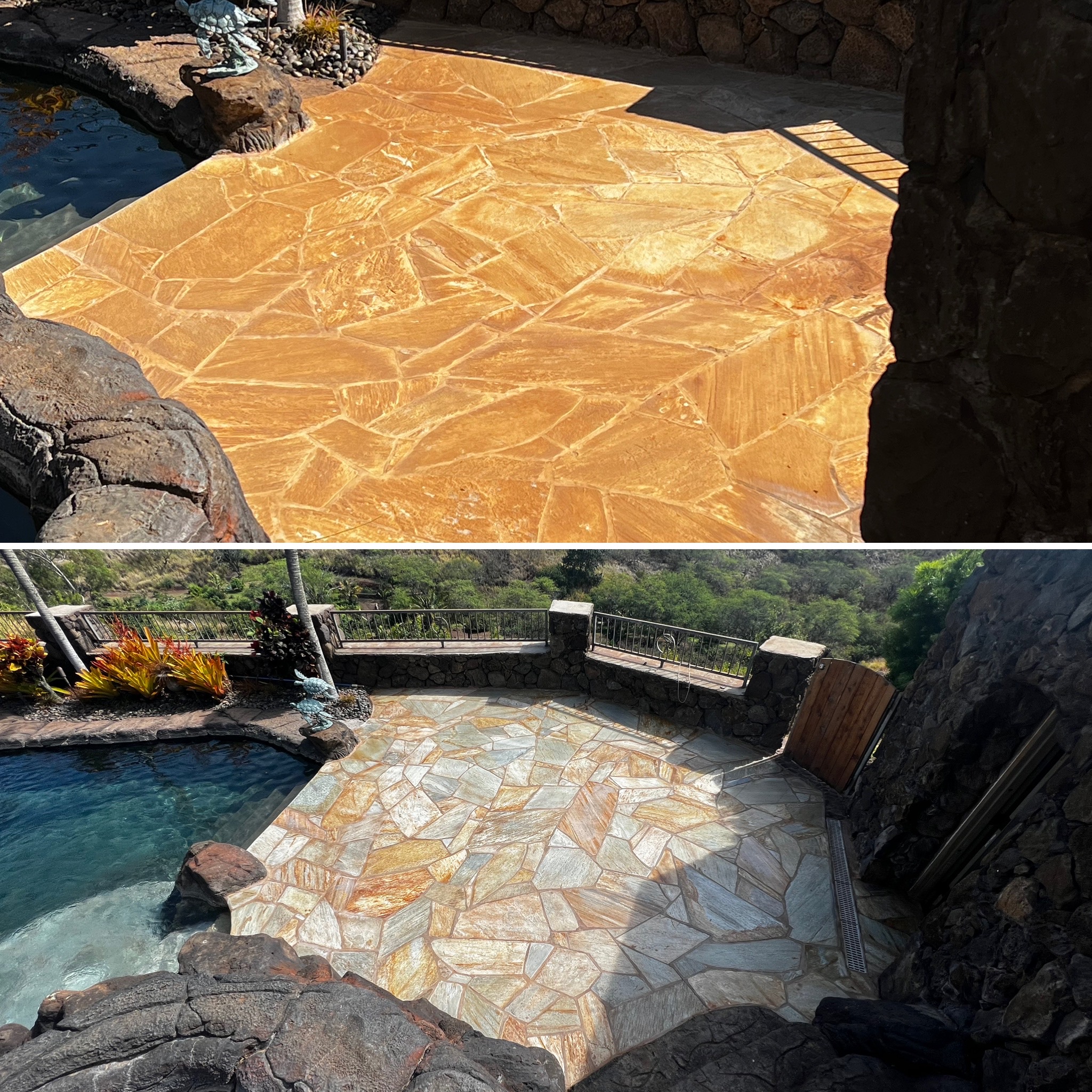 Quartzite pool deck restoration — orange-coated to natural color