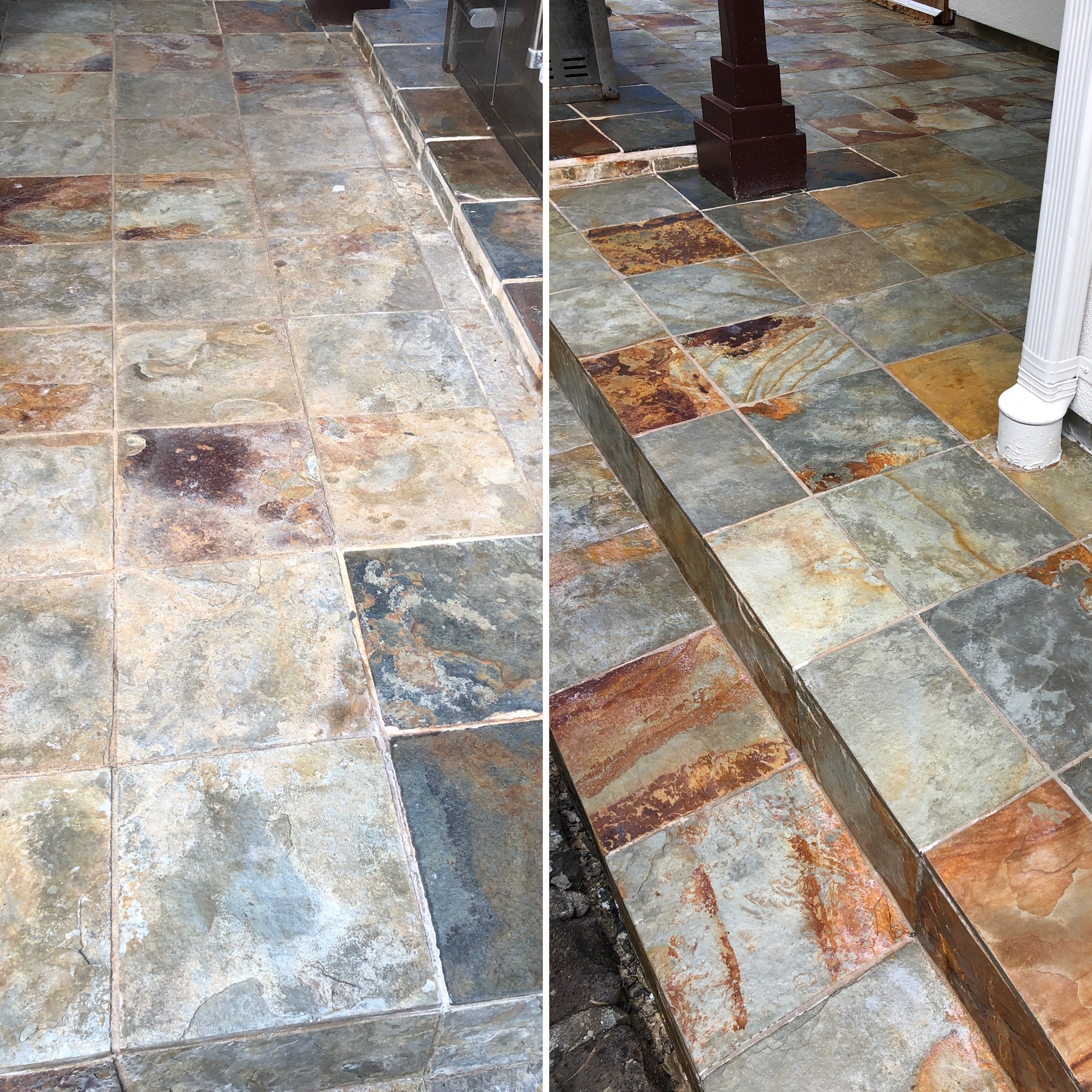 Failing topical coating on slate compared to properly restored slate
